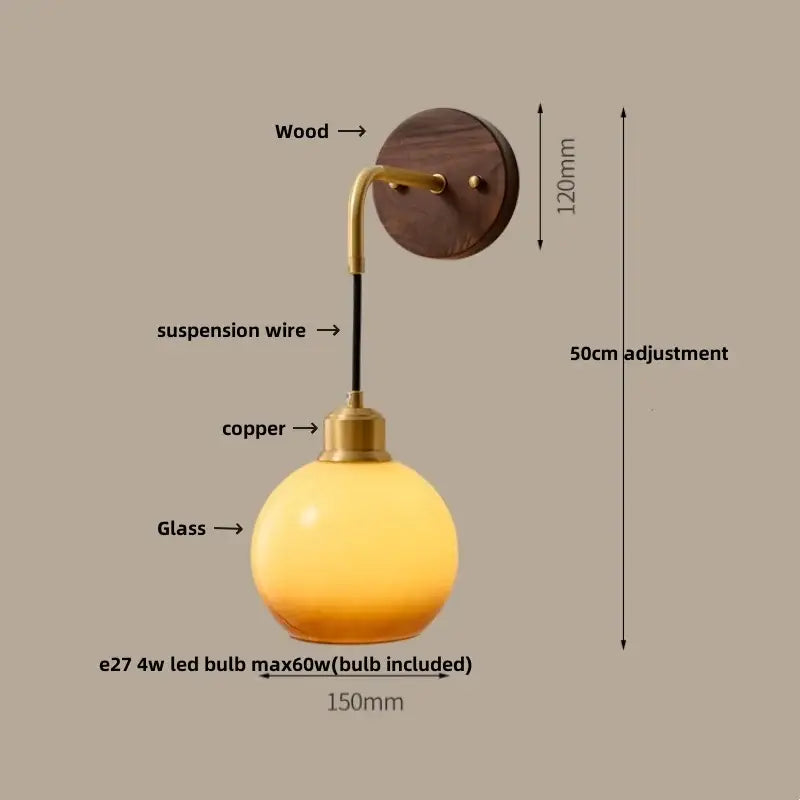 Modern brass and wood ribbed glass wall light bedroom sconce