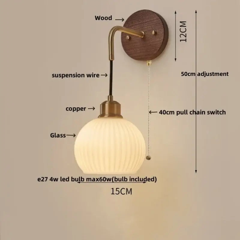 Modern brass and wood ribbed glass wall light bedroom sconce