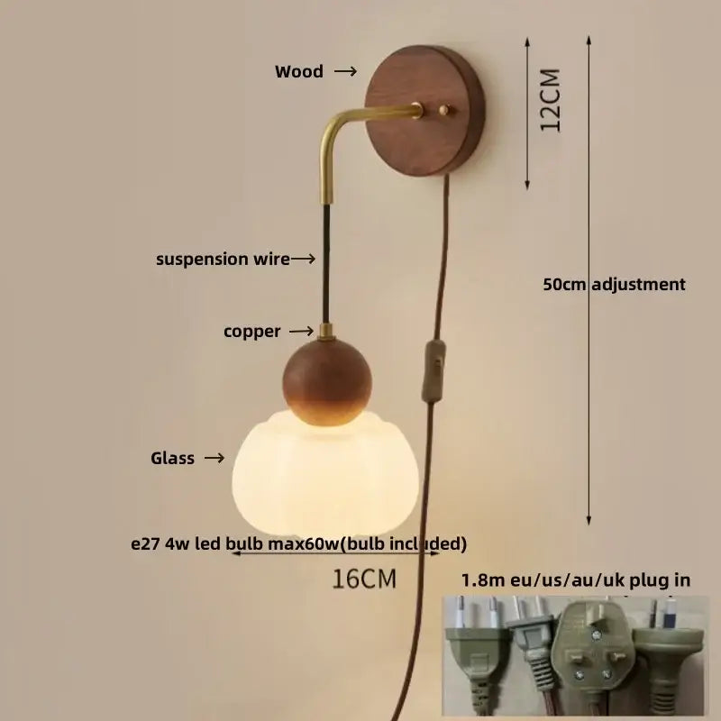 Modern brass and wood ribbed glass wall light bedroom sconce