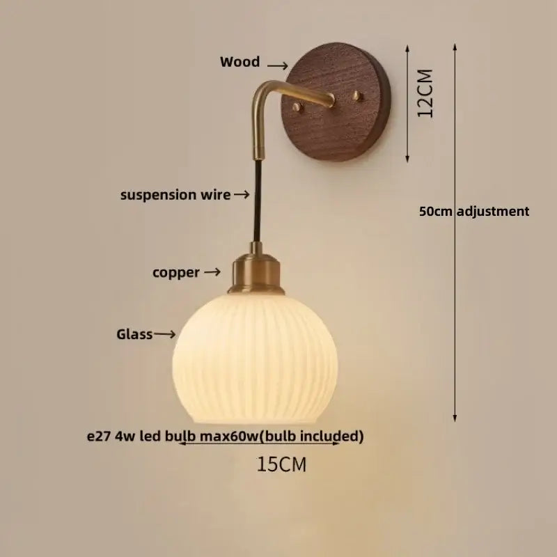 Modern brass and wood ribbed glass wall light bedroom sconce