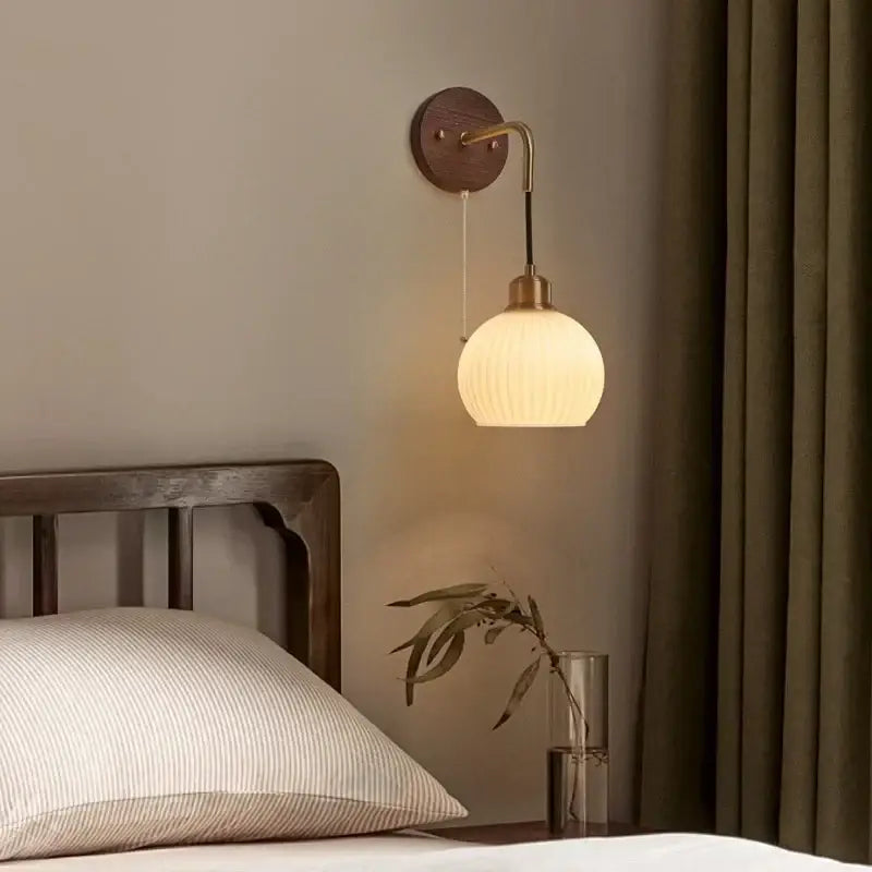 Modern brass and wood ribbed glass wall light bedroom sconce