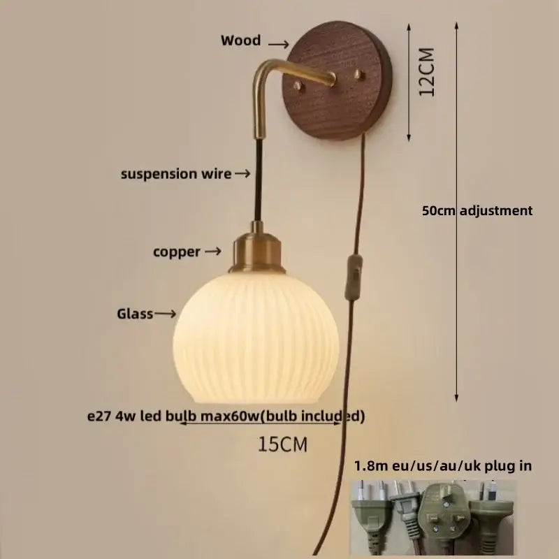 Modern brass and wood ribbed glass wall light bedroom sconce