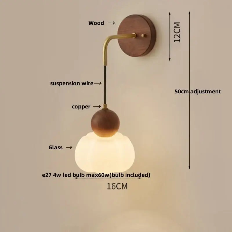 Modern brass and wood ribbed glass wall light bedroom sconce