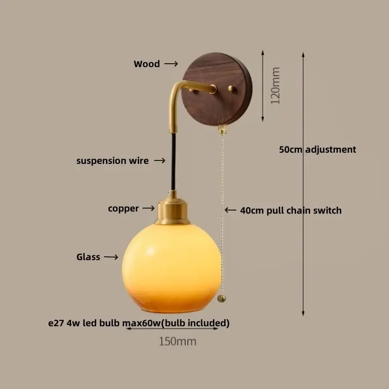 Modern brass and wood ribbed glass wall light bedroom sconce