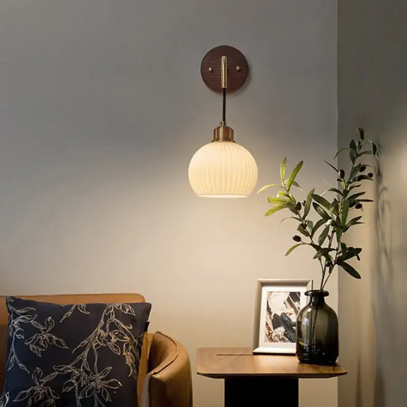 Modern brass and wood ribbed glass wall light bedroom sconce