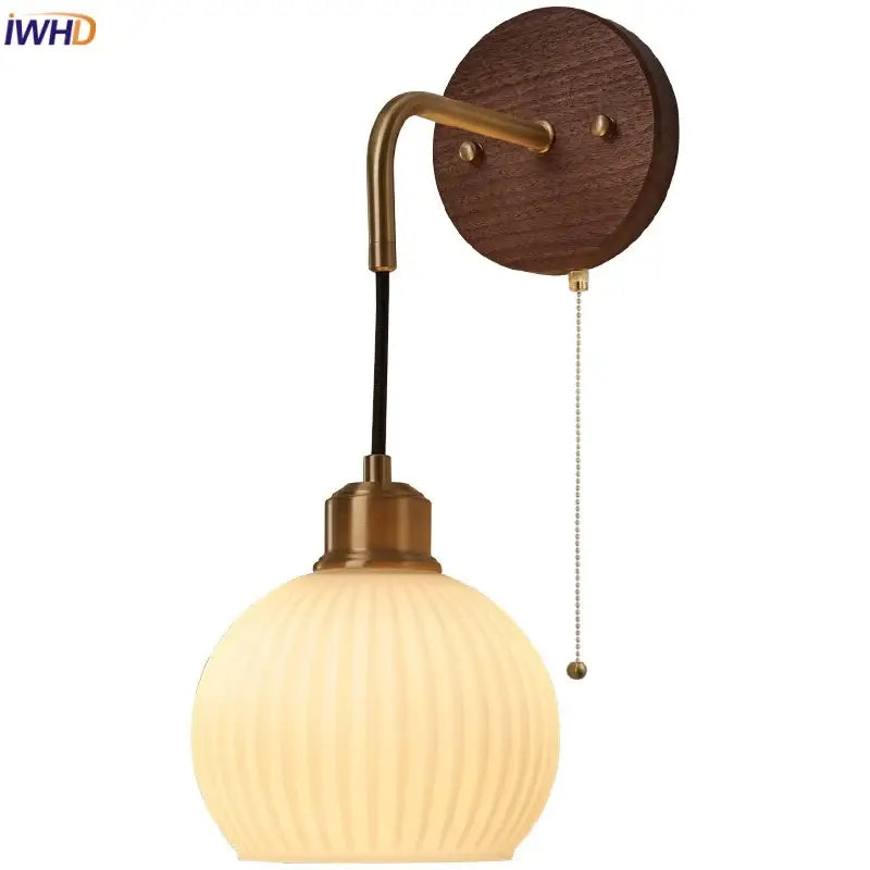 Modern brass and wood ribbed glass wall light bedroom sconce