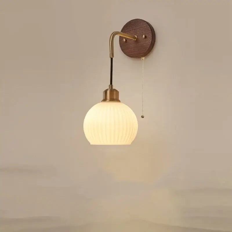 Modern brass and wood ribbed glass wall light bedroom sconce