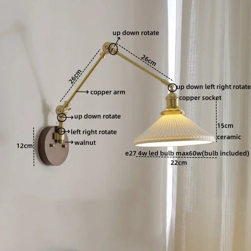 Modern brass and wood wall light bedroom glass reading lamp