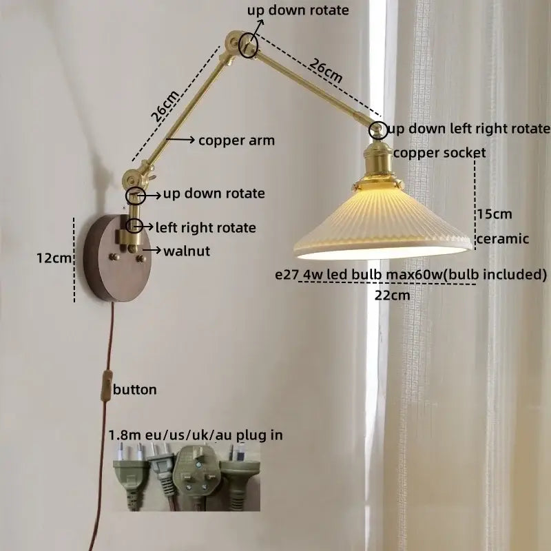 Modern brass and wood wall light bedroom glass reading lamp