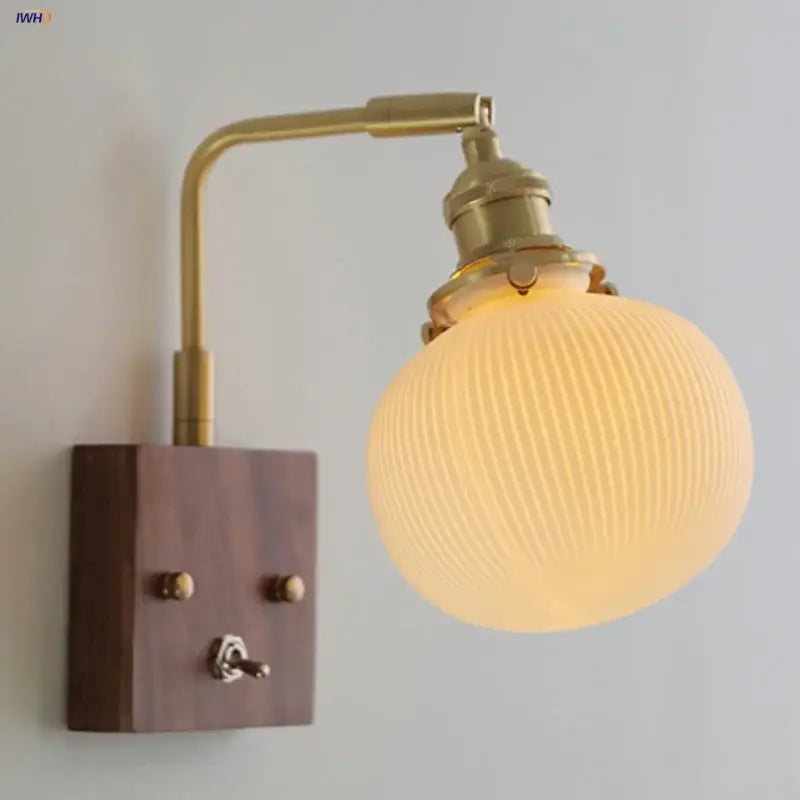 Modern brass and wood wall light fixture bedroom ribbed glass sconce