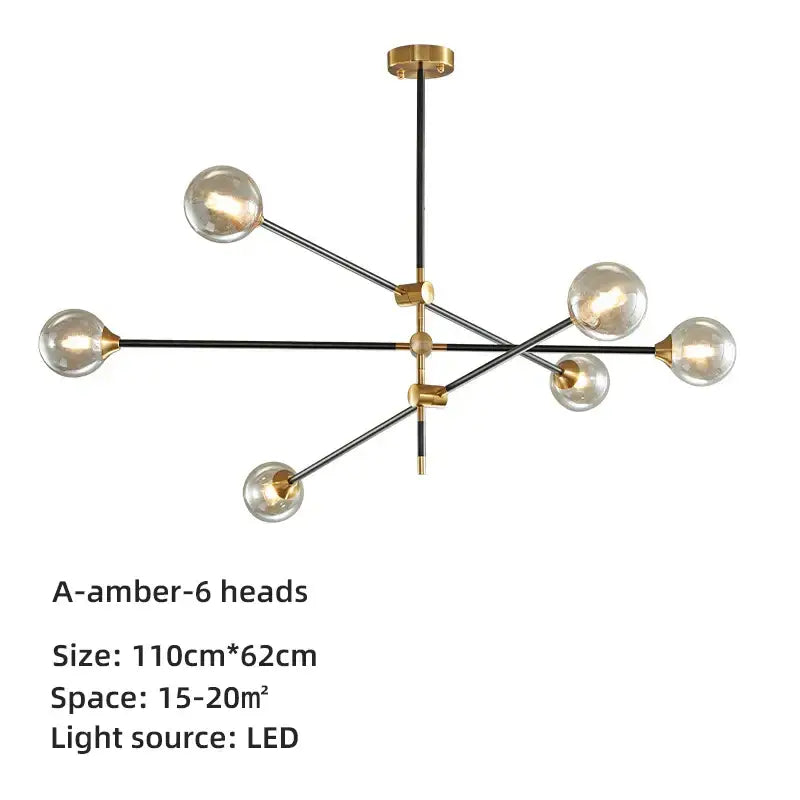 Modern brass & black geometric glass ball chandelier dining room light