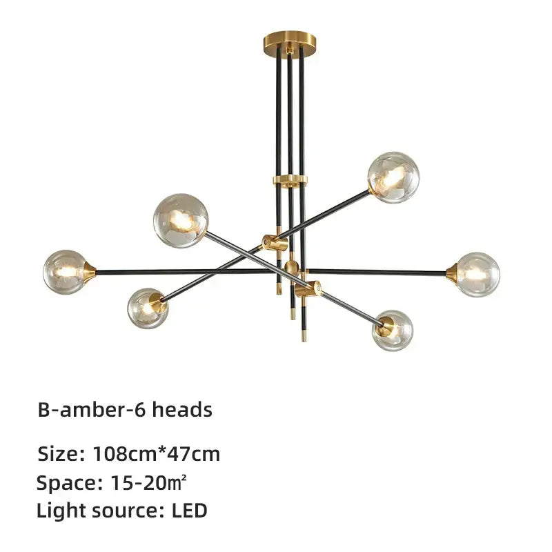 Modern brass & black geometric glass ball chandelier dining room light