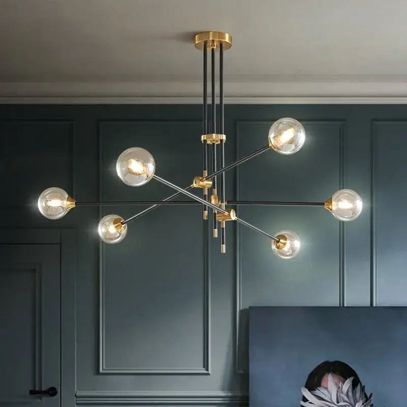 Modern brass & black geometric glass ball chandelier dining room light