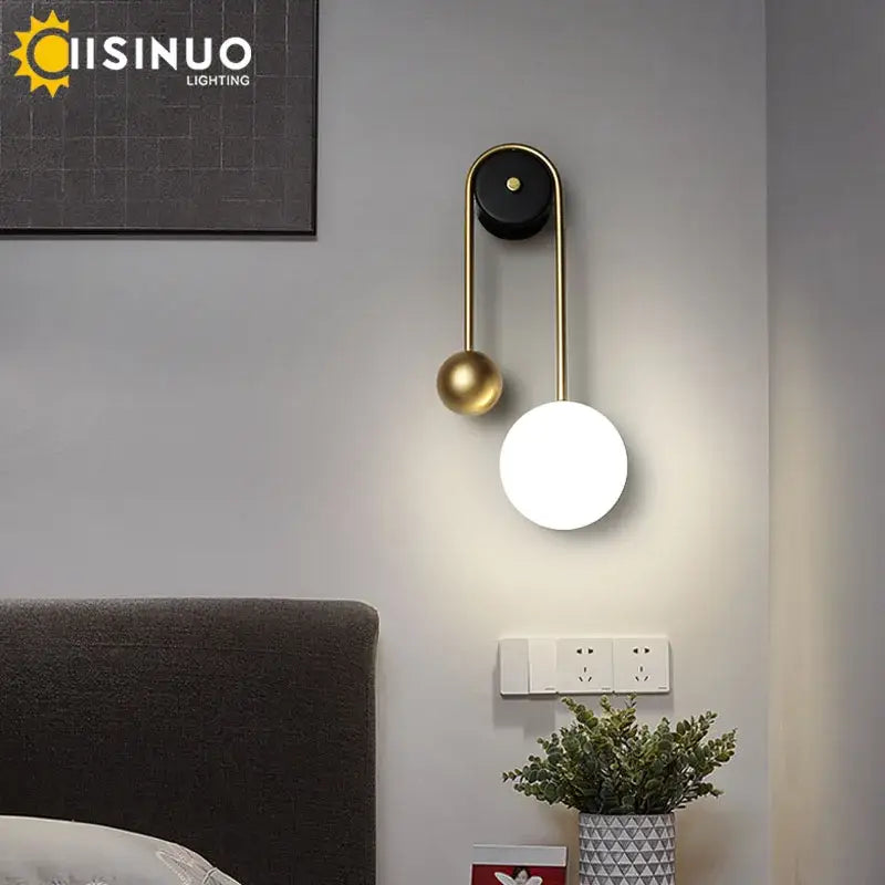 Modern brass & black led wall sconce living room spherical light