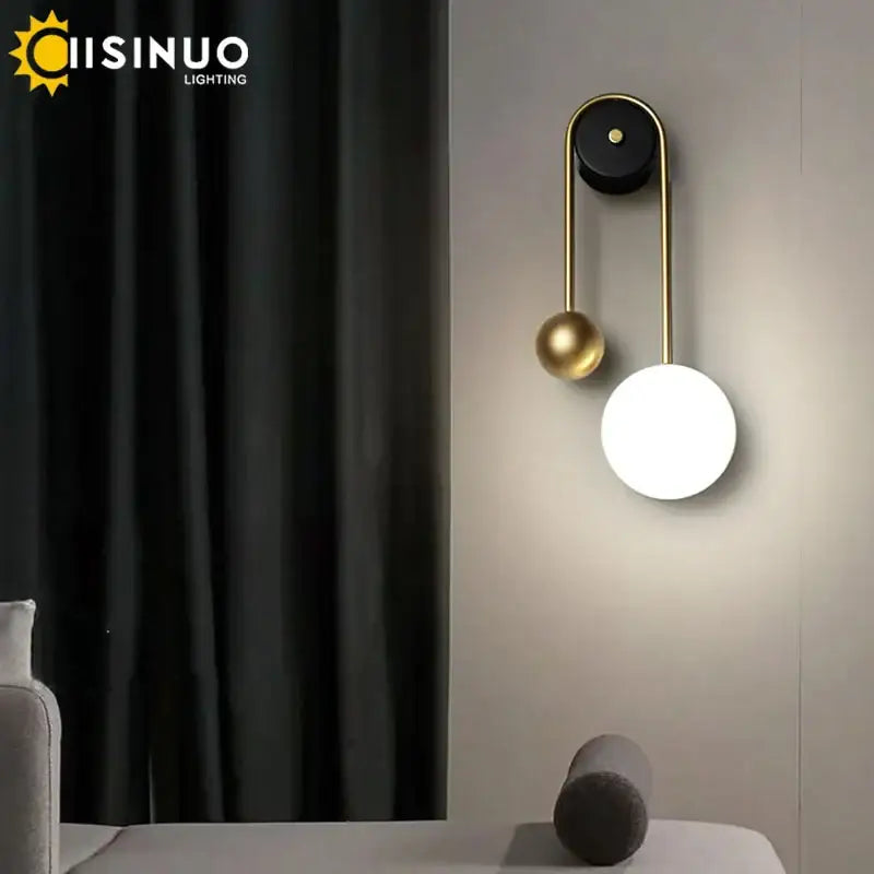 Modern brass & black led wall sconce living room spherical light