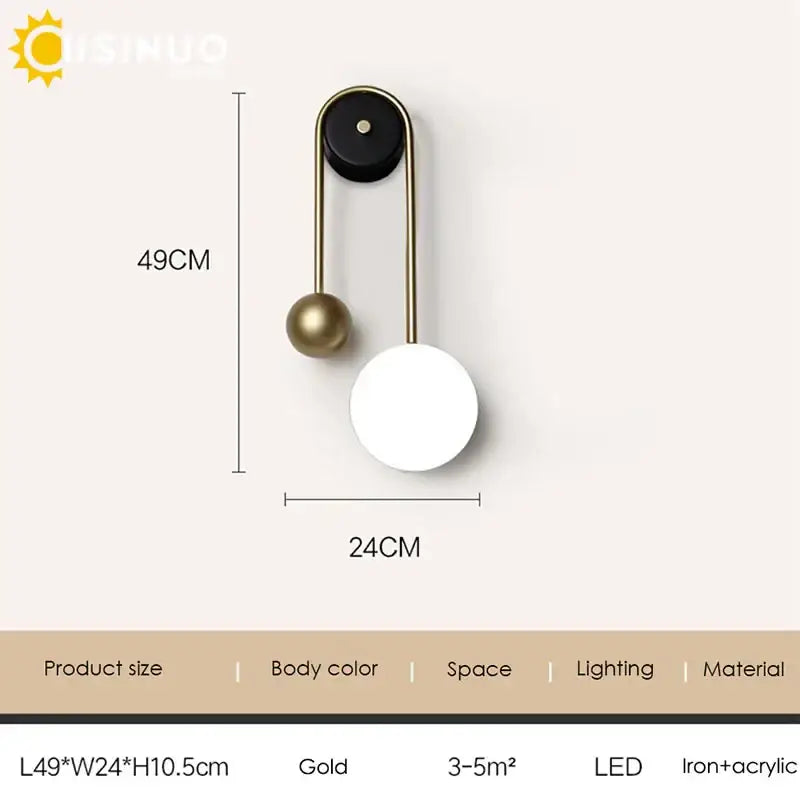 Modern brass & black led wall sconce living room spherical light