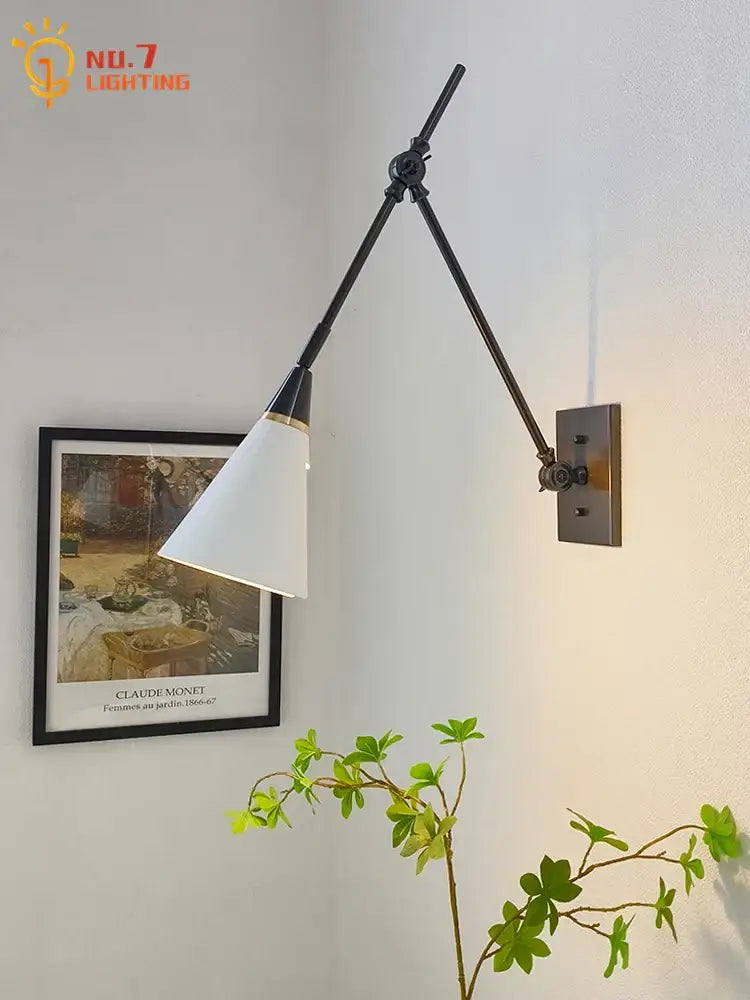 Modern brass black swing arm wall lamp bedroom sconce with white shade