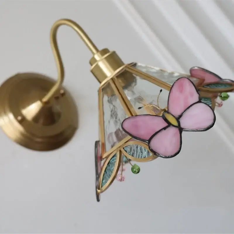 Modern brass butterfly wall sconce bedroom pink & blue glass light