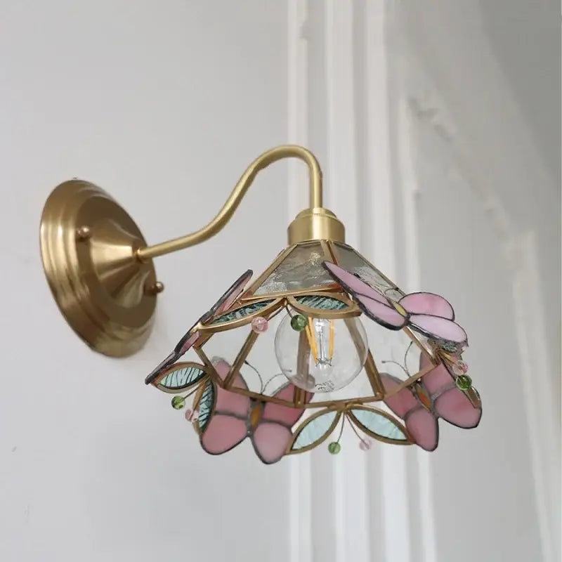 Modern brass butterfly wall sconce bedroom pink & blue glass light