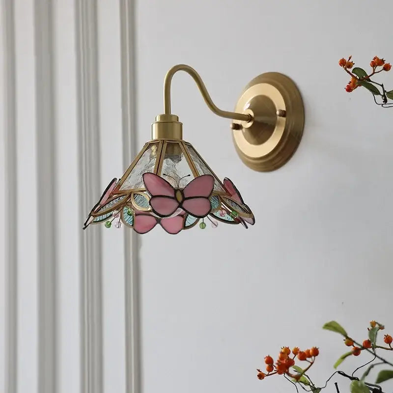 Modern brass butterfly wall sconce bedroom pink & blue glass light