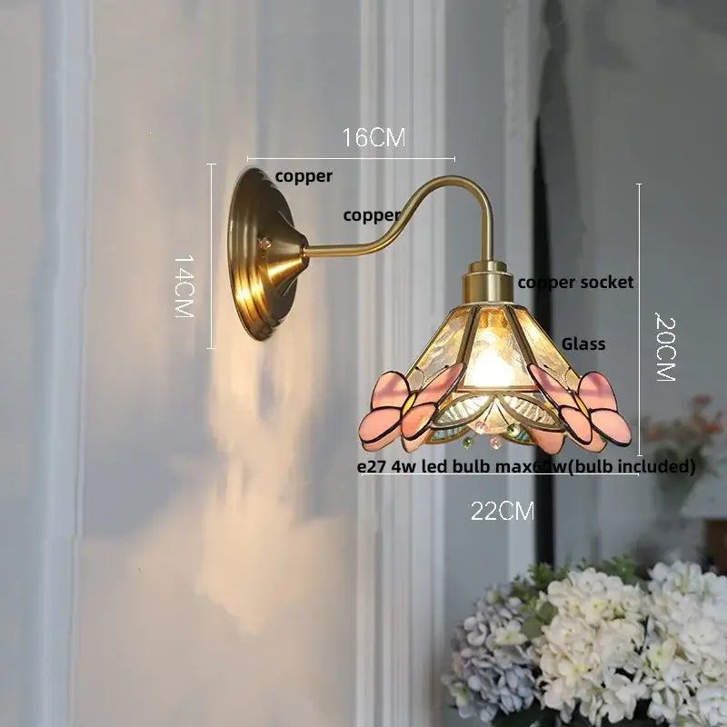 Modern brass butterfly wall sconce bedroom pink & blue glass light