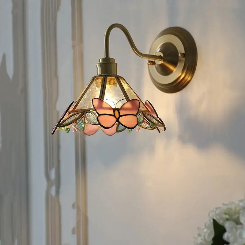 Modern brass butterfly wall sconce bedroom pink & blue glass light