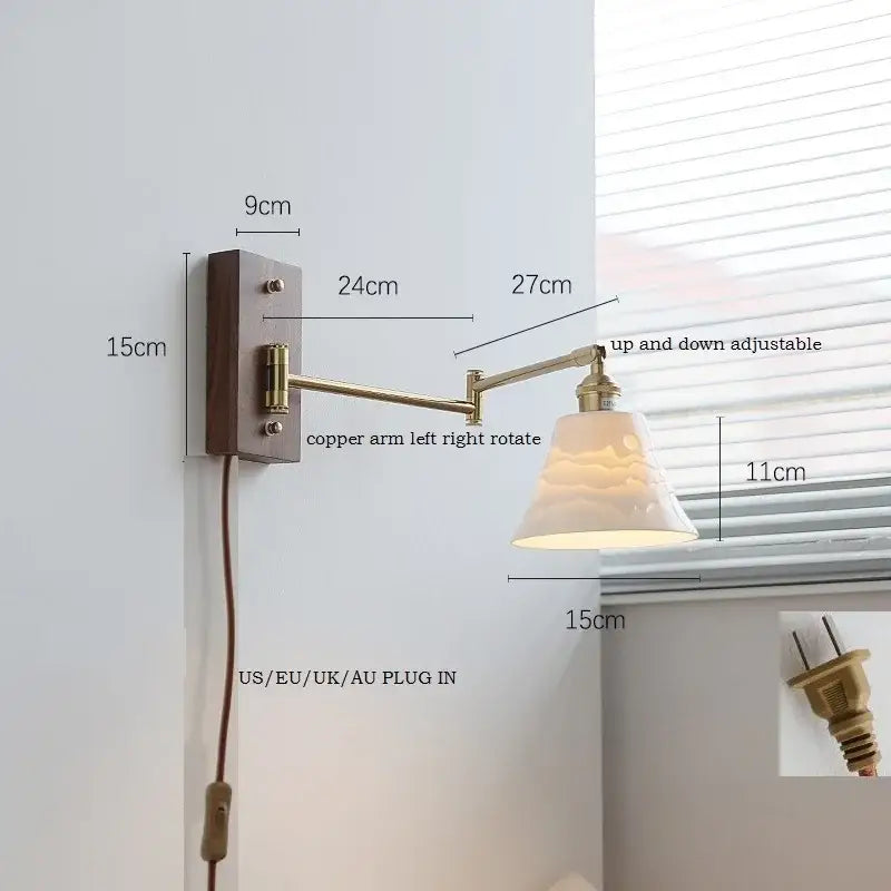 Modern brass canopy led wall light bedroom pull chain switch