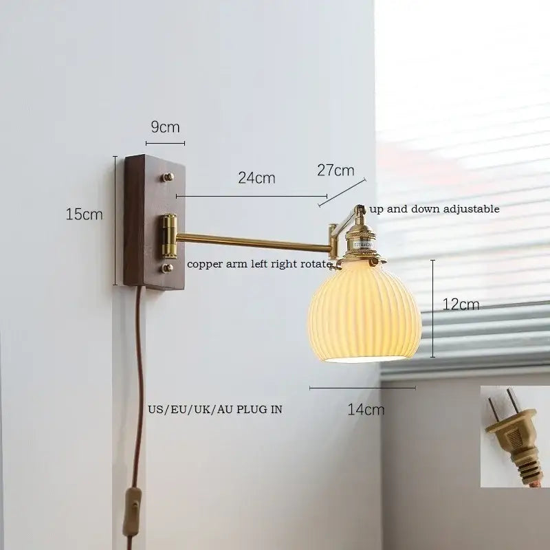 Modern brass canopy led wall light bedroom pull chain switch