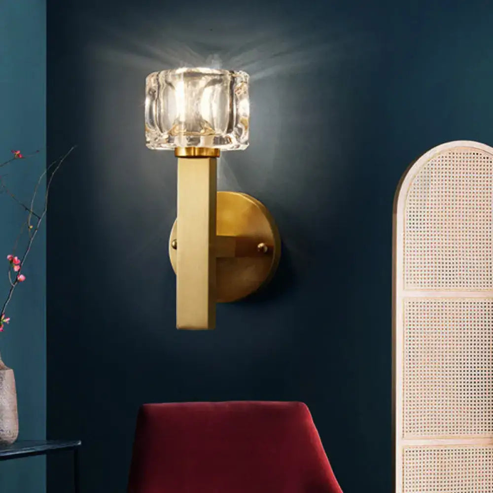Modern brass crystal wall sconce bedroom contemporary cube flush light