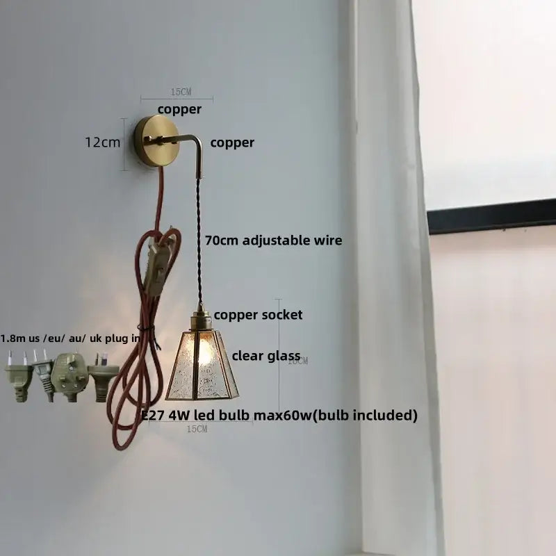 Modern brass cube led wall lights bedroom glass sconce with pull switch