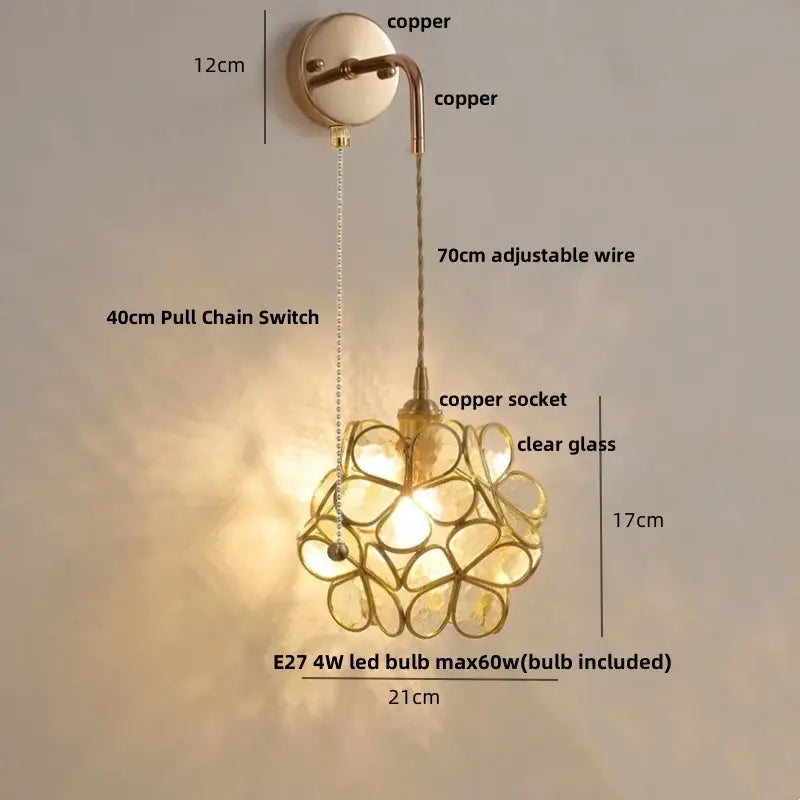 Modern brass cube led wall lights bedroom glass sconce with pull switch