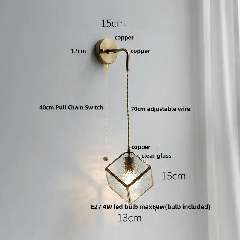 Modern brass cube led wall lights bedroom glass sconce with pull switch