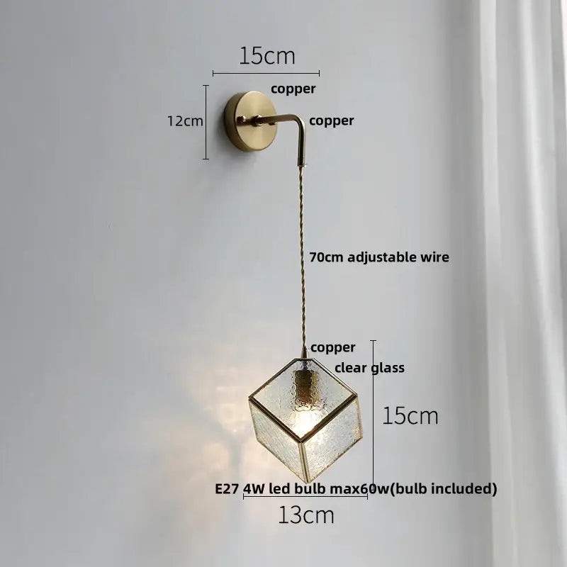 Modern brass cube led wall lights bedroom glass sconce with pull switch