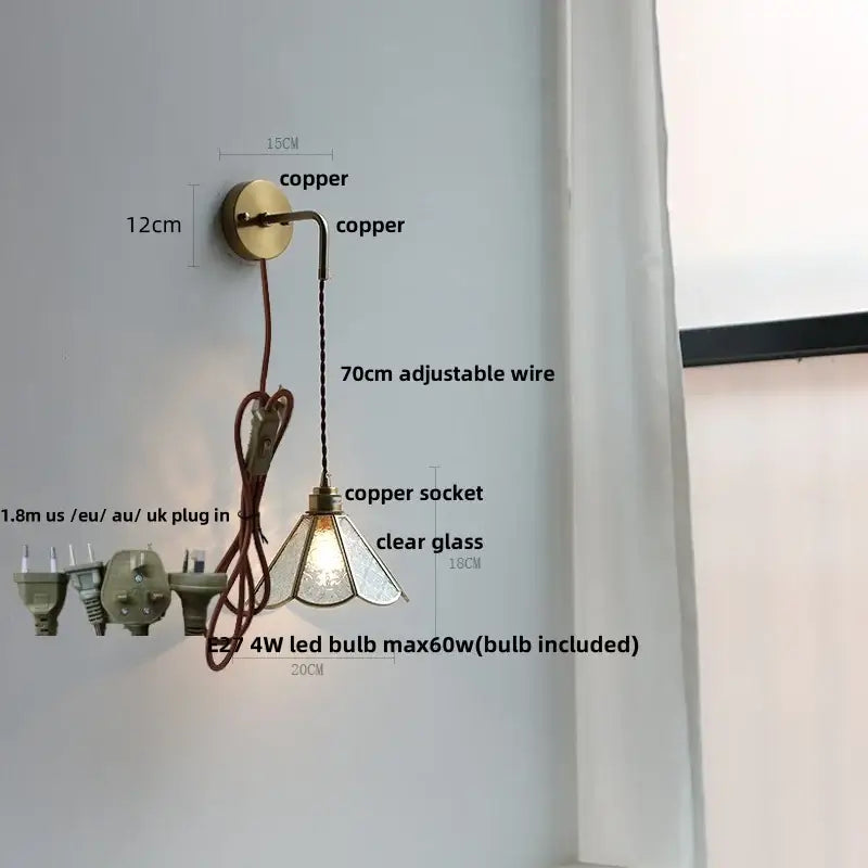Modern brass cube led wall lights bedroom glass sconce with pull switch