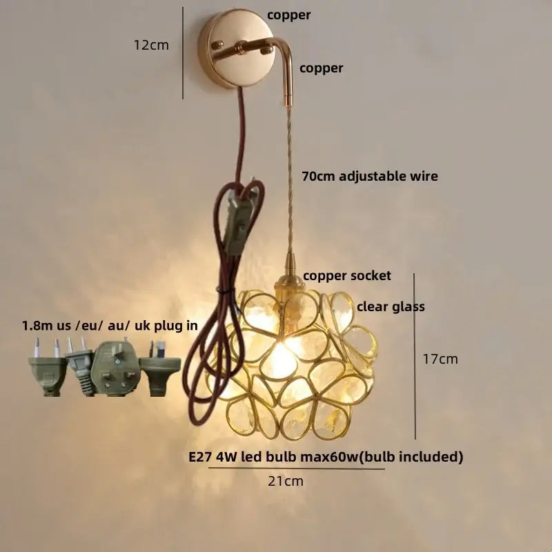 Modern brass cube led wall lights bedroom glass sconce with pull switch