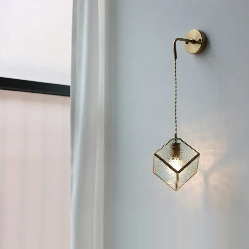 Modern brass cube led wall lights bedroom glass sconce with pull switch