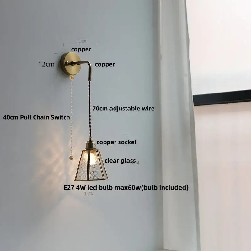 Modern brass cube led wall lights bedroom glass sconce with pull switch