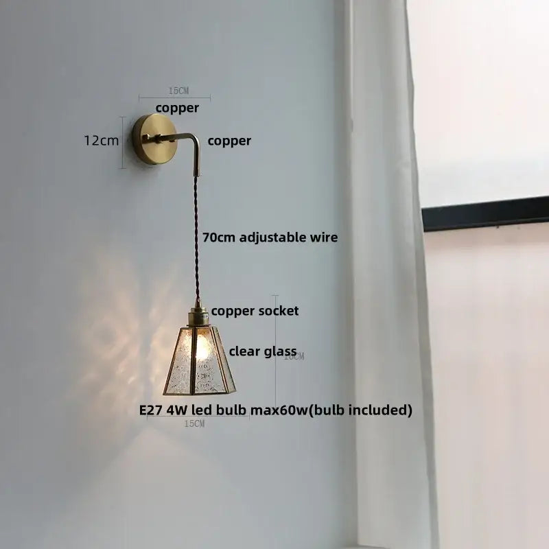 Modern brass cube led wall lights bedroom glass sconce with pull switch