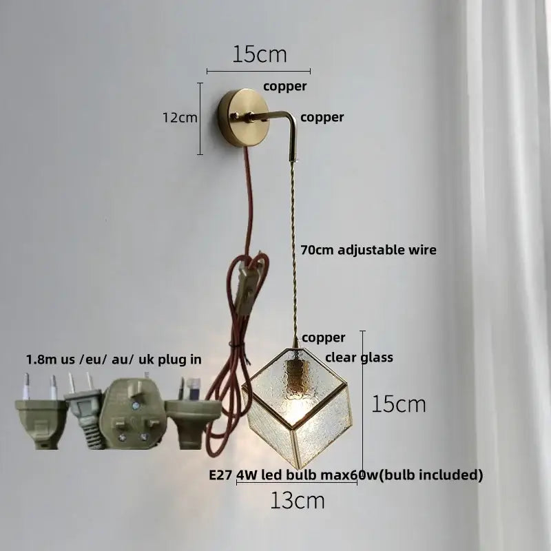 Modern brass cube led wall lights bedroom glass sconce with pull switch