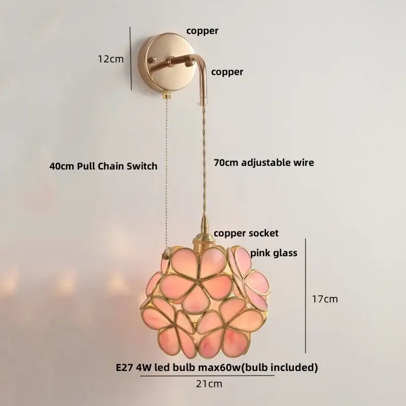 Modern brass cube led wall lights bedroom glass sconce with pull switch