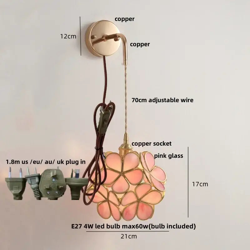 Modern brass cube led wall lights bedroom glass sconce with pull switch