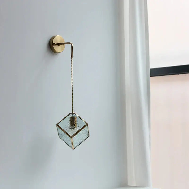 Modern brass cube led wall lights bedroom glass sconce with pull switch