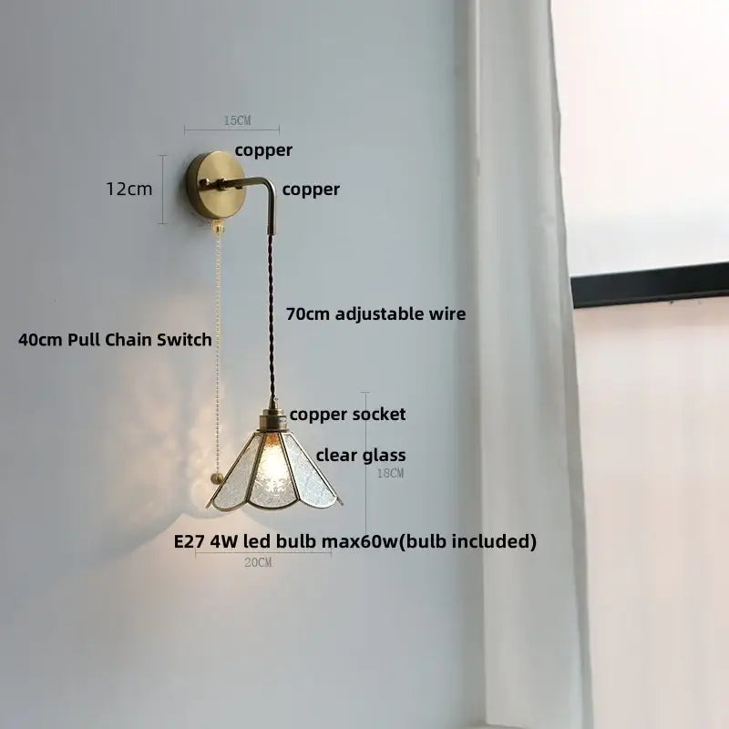 Modern brass cube led wall lights bedroom glass sconce with pull switch