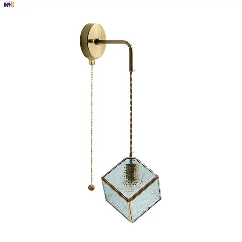 Modern brass cube led wall lights bedroom glass sconce with pull switch