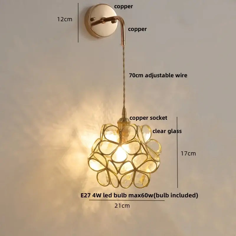 Modern brass cube led wall lights bedroom glass sconce with pull switch
