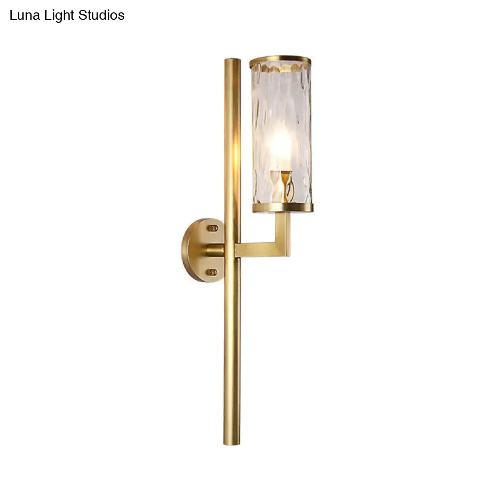 Modern brass cylinder sconce with clear water glass bedroom wall lamp