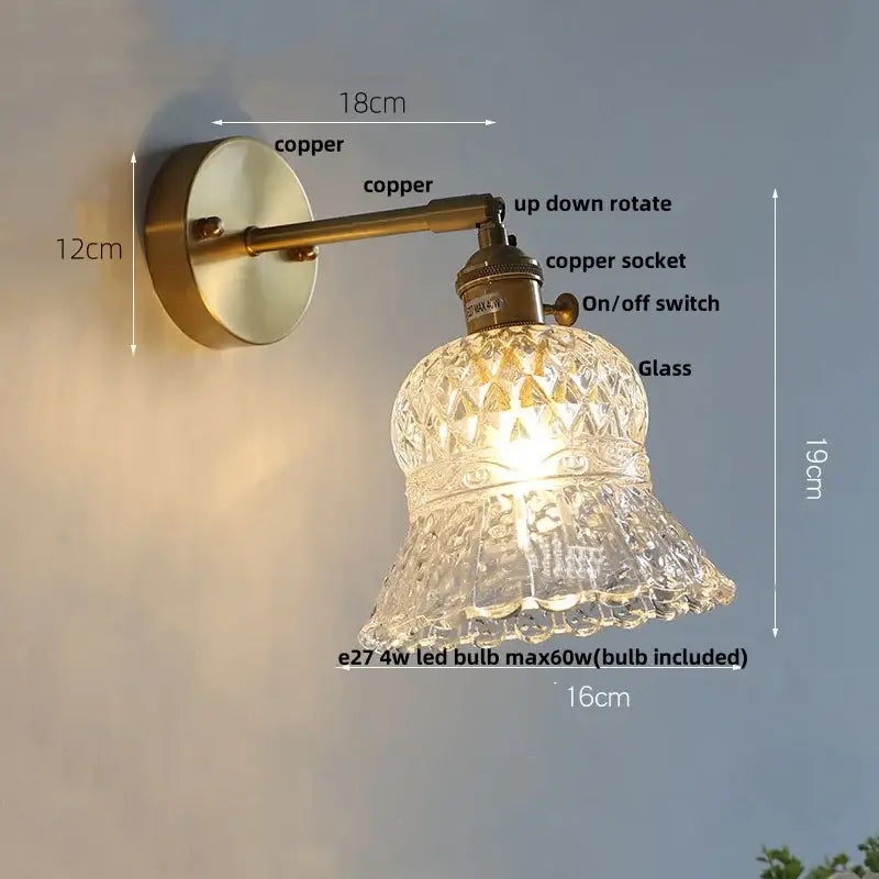 Modern brass e27 led wall sconce with glass shade for bedroom