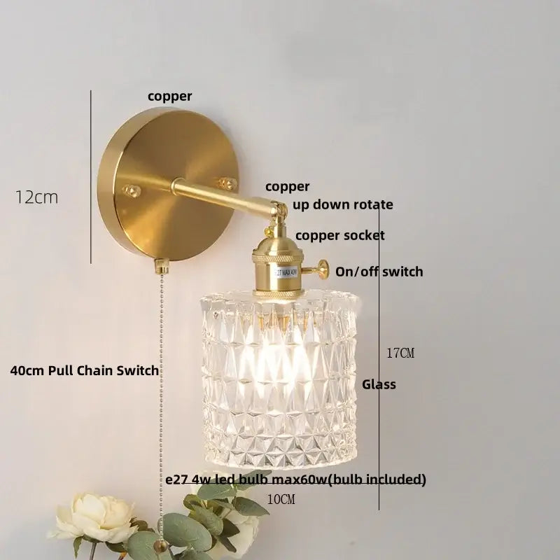 Modern brass e27 led wall sconce with glass shade for bedroom