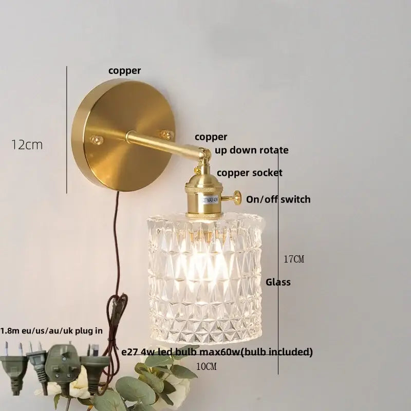 Modern brass e27 led wall sconce with glass shade for bedroom