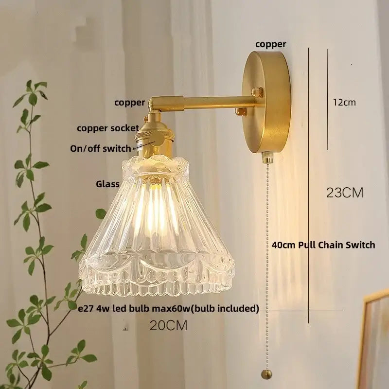 Modern brass e27 led wall sconce with glass shade for bedroom